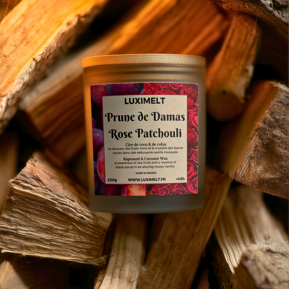 Bougie artisanale parfumée Prune de Damas, Rose & Patchouli - Cire de Coco & Colza