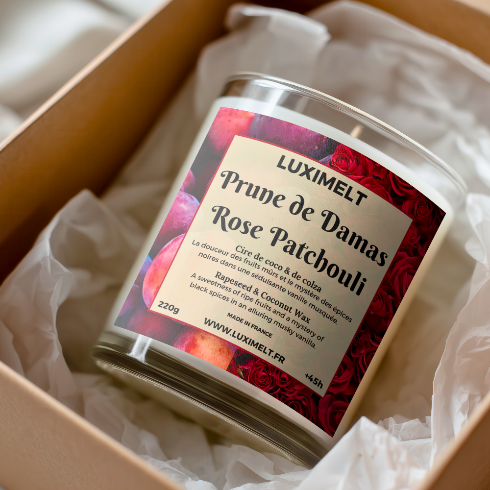 Bougie artisanale parfumée Prune de Damas, Rose & Patchouli - Cire de Coco & Colza