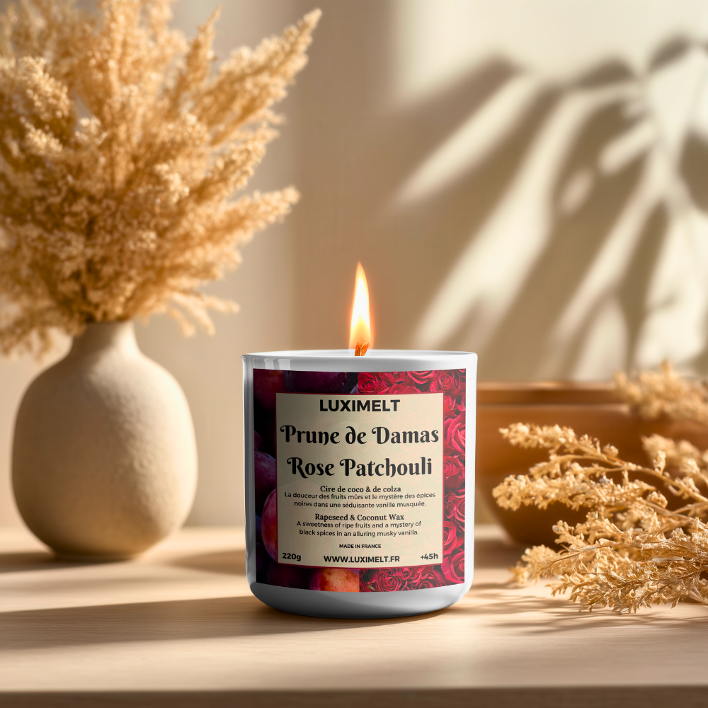 Bougie artisanale parfumée Prune de Damas, Rose & Patchouli - Cire de Coco & Colza